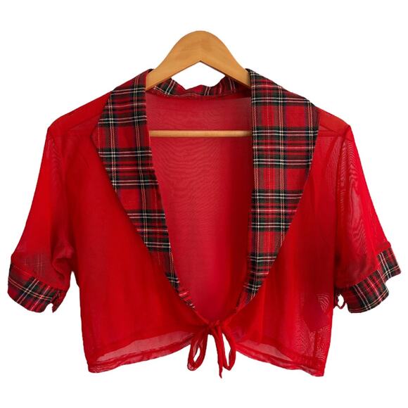 Sheer Red Plaid Trim Blouse – Punk Y2K Mesh XL - Picture 1 of 6